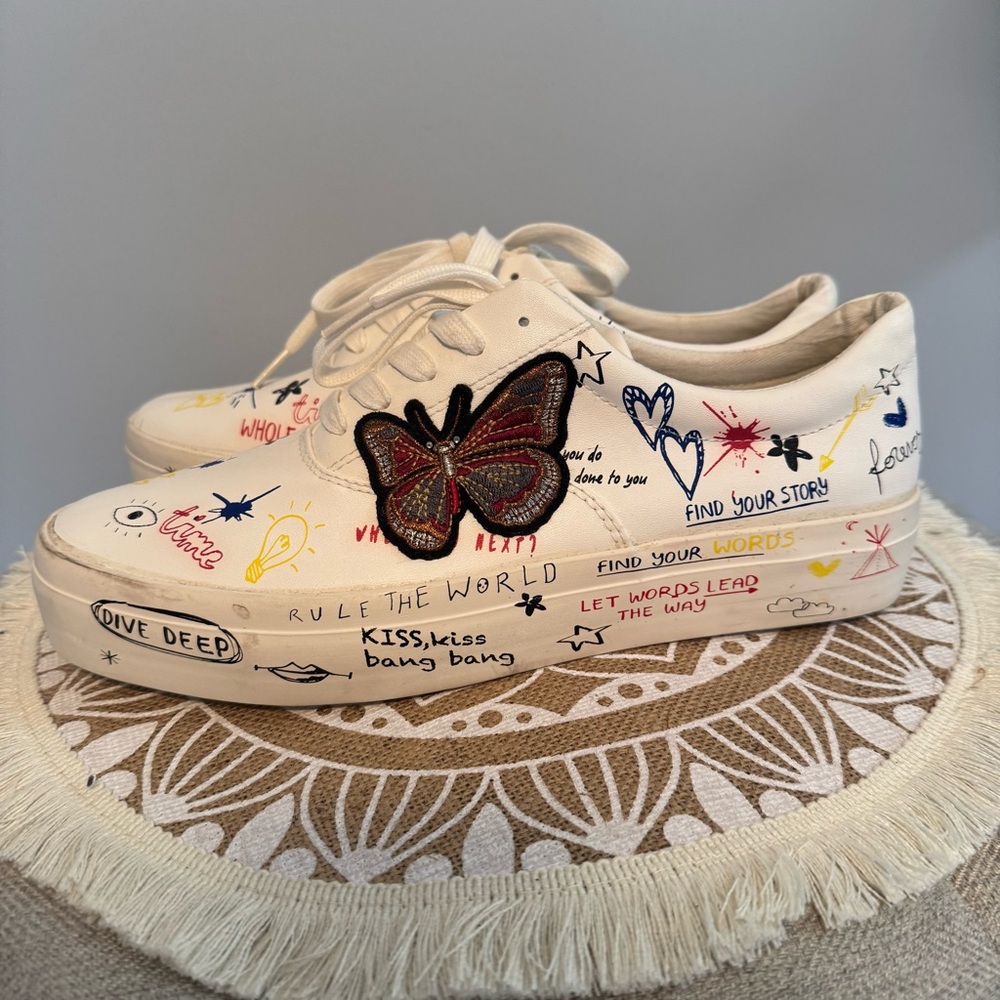 ZARA Women's Butterfly Graffiti Lace Up White Leather Sneakers - RARE - Size 41